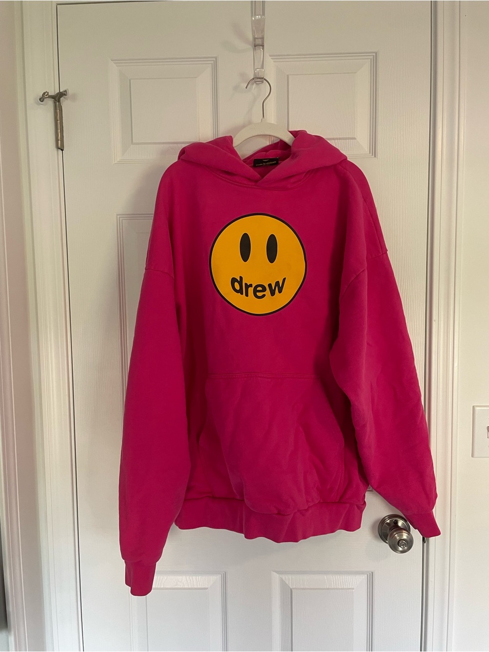 drew house hot pink hoodie with yellow smile logo